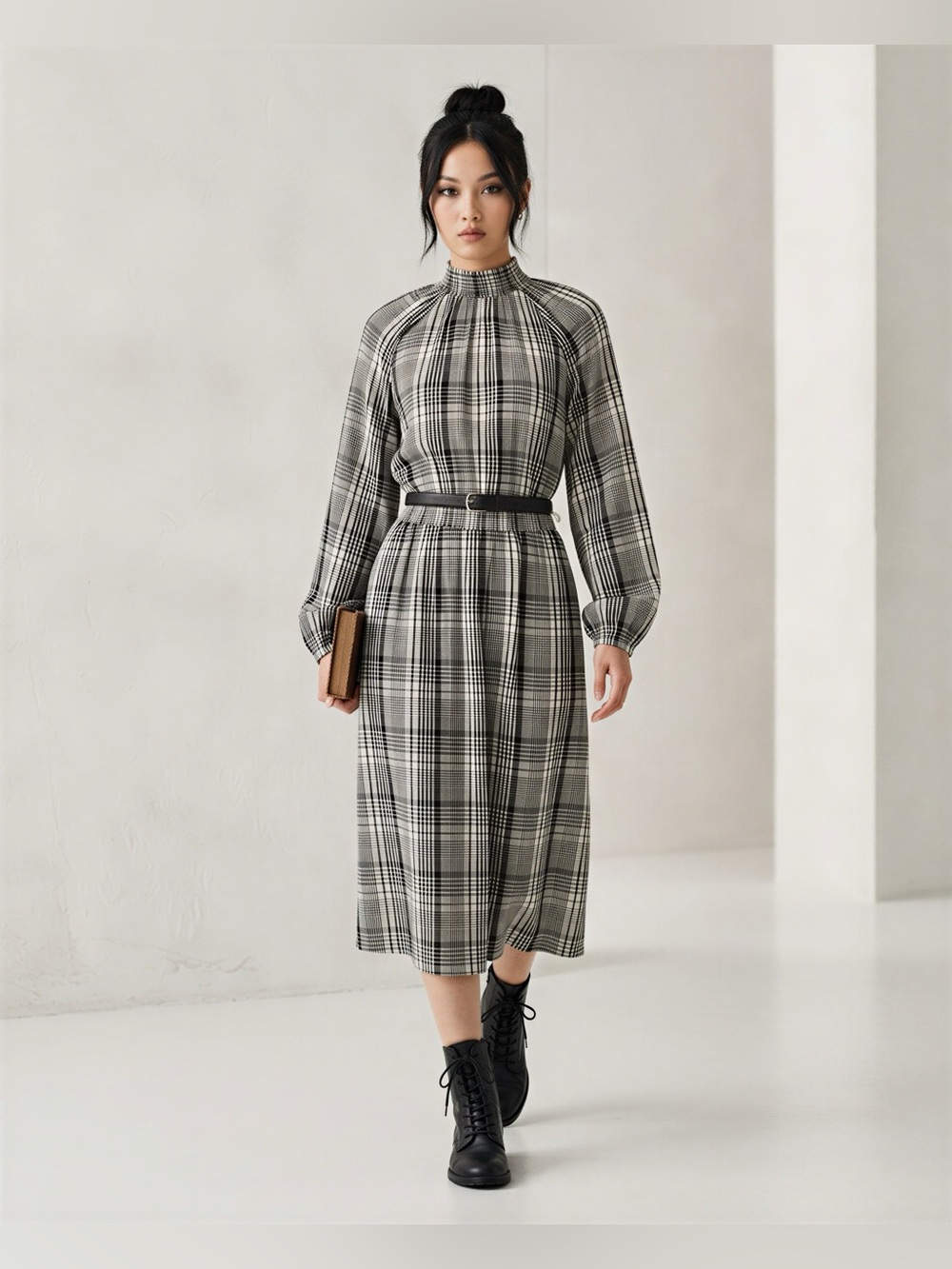 Plaid High-Neck Long Sleeve Midi Dress - Black/White